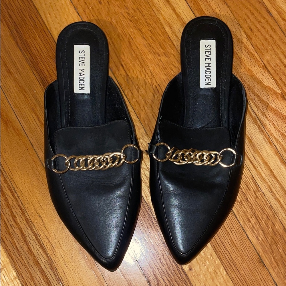 Steve Madden Black Mules with Gold Chain Accent